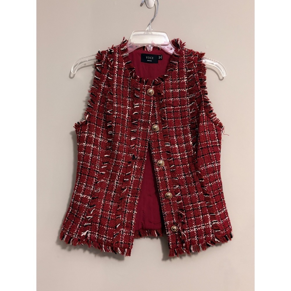VICI Tweed Vest Women Small Red Plaid Gold Button Frayed Trim Preppy LT26249-069